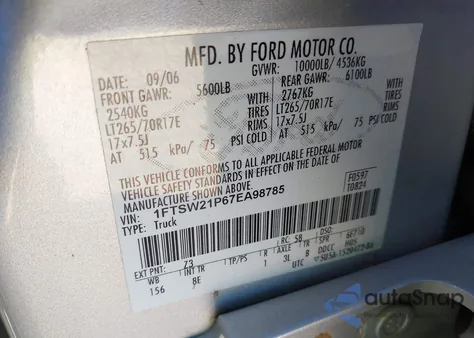 2007 Ford F-250 Lariat/Xl/Xlt from USA, damaged, VIN 1FTSW21P67EA98785